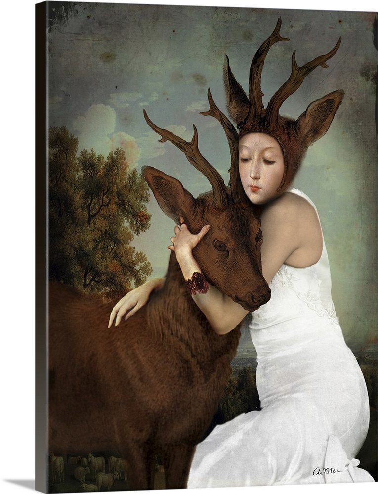 A lady with antlers and ears is hugging a stag.