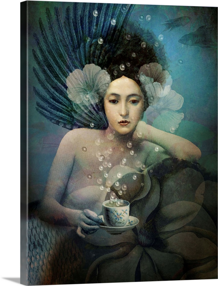 A lady, resting on a large flower, is holding a cup and saucer as bubbles float from it.