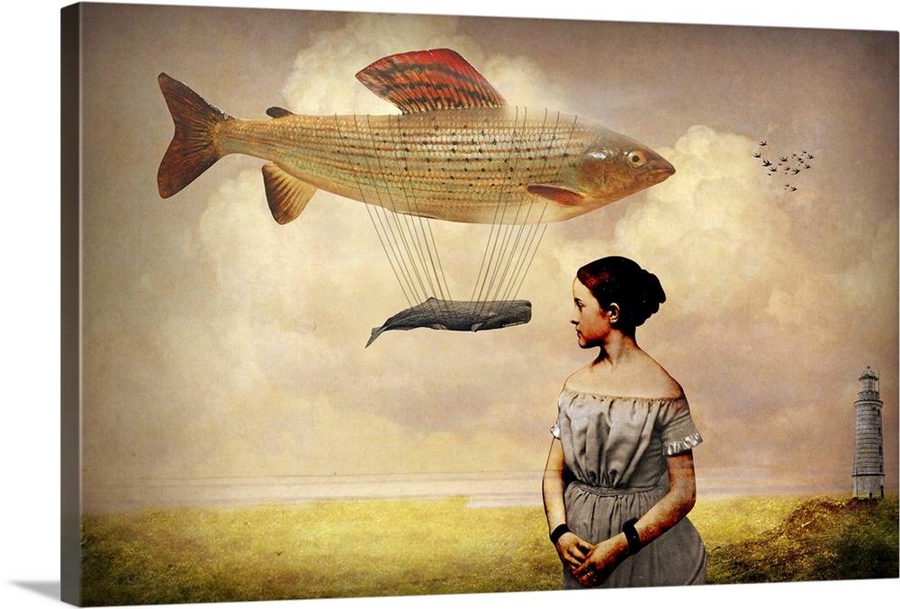 A digital abstract composite of a woman with a fish and whale floating in the sky.