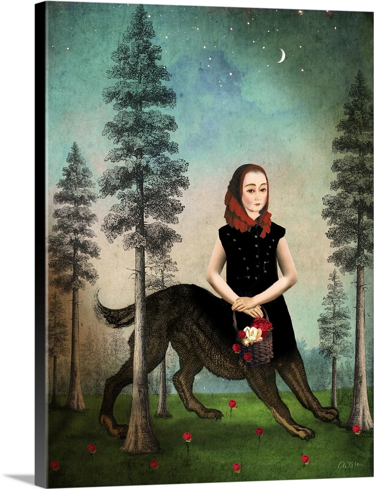 A girl that is half wolf is walking through the woods with a basket of flowers.