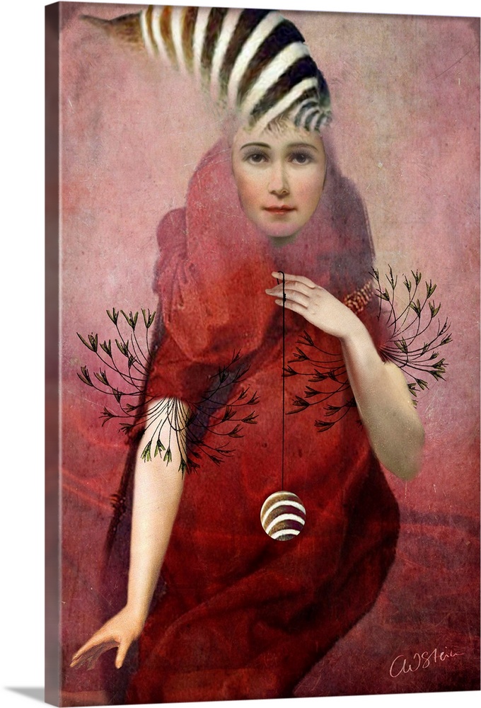 A composite image of a woman in red holding a yo-yo.