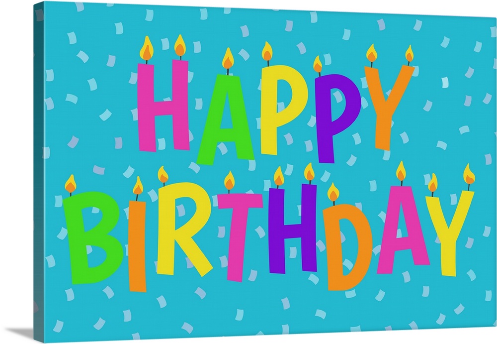 "Happy Birthday" in colorful candle design on a light blue background with confetti.