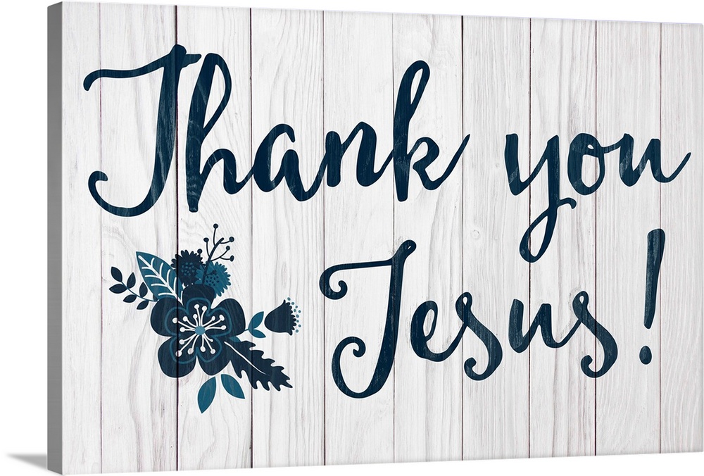 "Thank you Jesus" in navy with a flower, on a gray wood backdrop.
