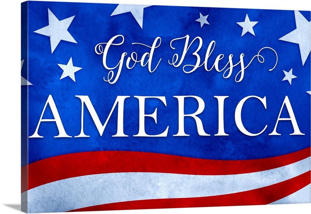 "God Bless America" written in white on a red, white, and blue patriotic background.