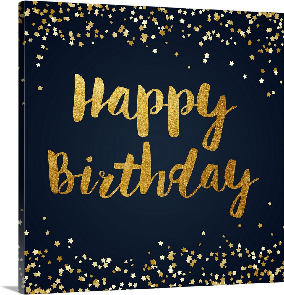 "Happy Birthday" written in gold with sparkles on the top in bottom on a dark blue background.