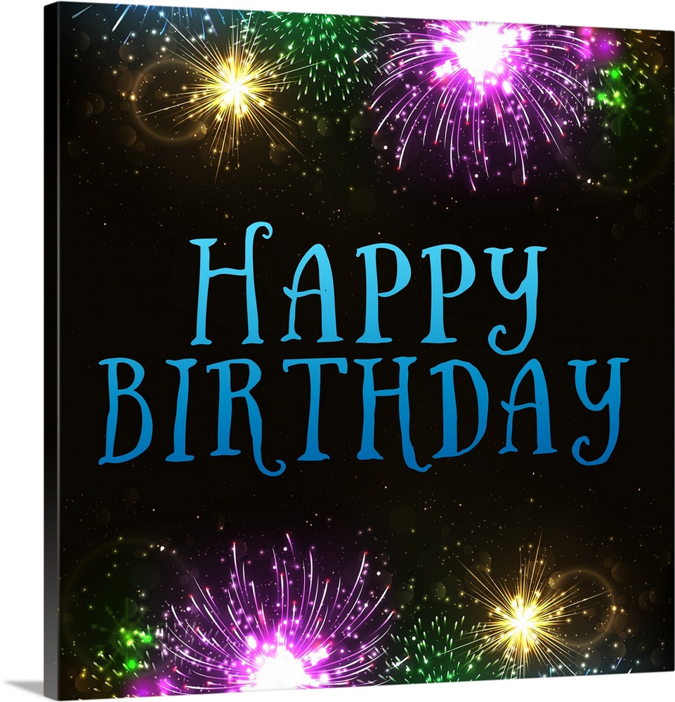 "Happy Birthday" written in blue on a dark background with fireworks above and below.