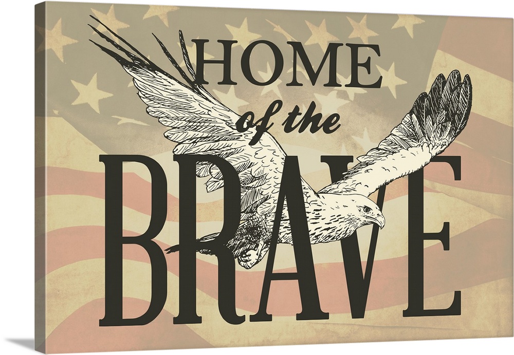 "Home of the Brave" written in black with an illustration of an eagle flying though it, all on a sepia toned American flag...