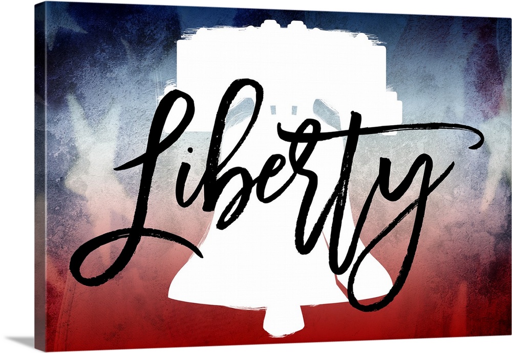 "Liberty" written in black script on top of a silhouette of the Liberty Bell on a red, white, and blue background.