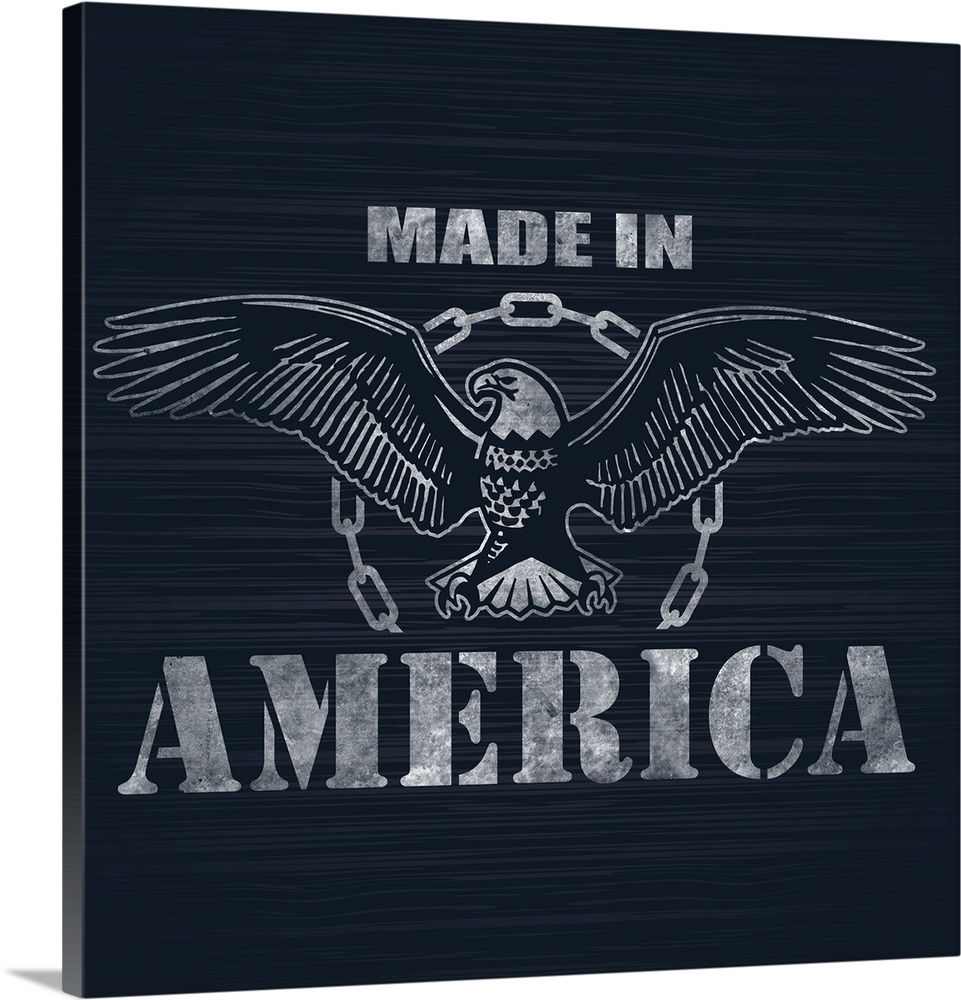 "Made in America" with an illustration of an eagle on a dark blue background.