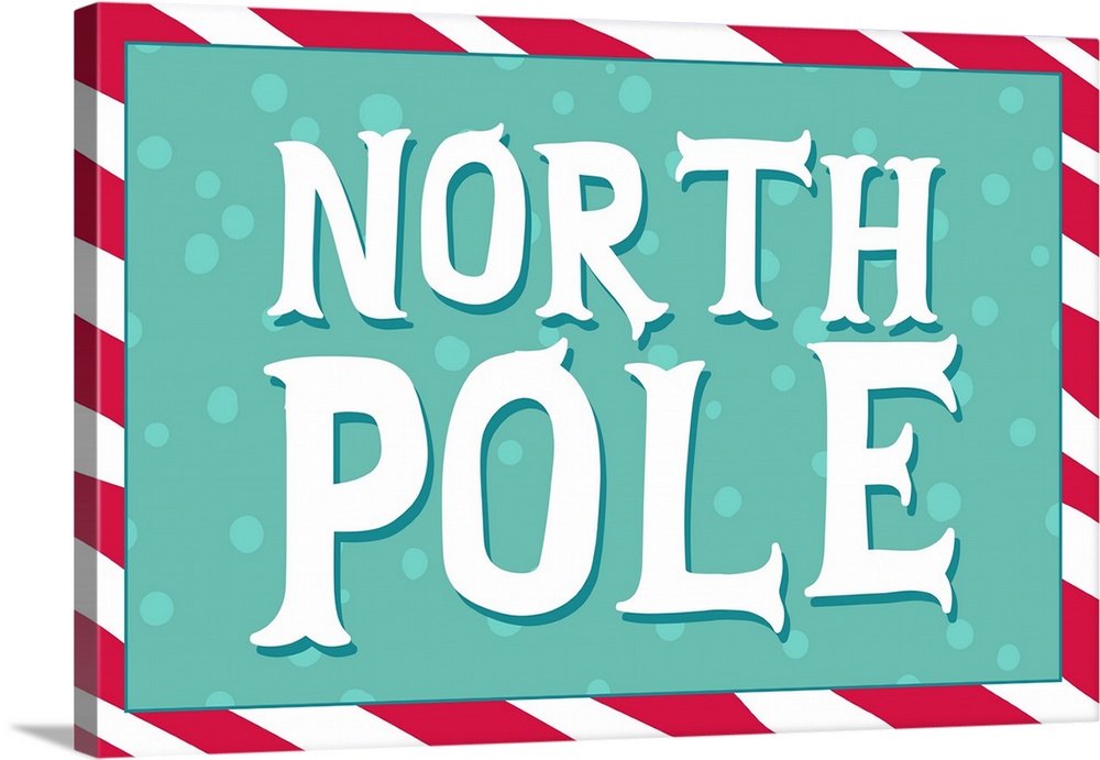 Graphic holiday art with large text on a polka dotted background, surrounded by a diagonally striped border.