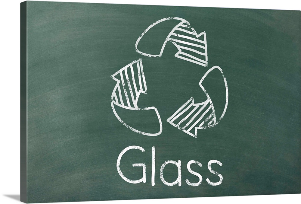 Recycling symbol with "Glass" written underneath in white on a green chalkboard background.