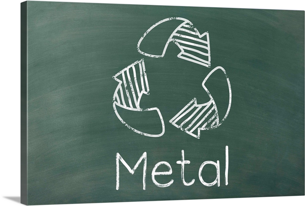 Recycling symbol with "Metal" written underneath in white on a green chalkboard background.