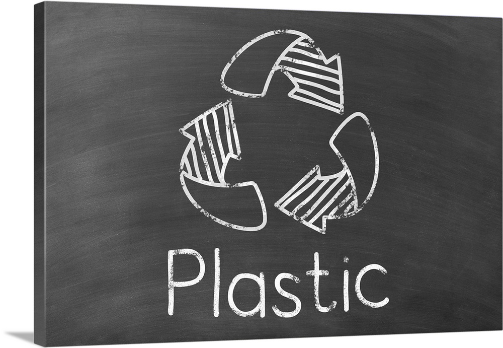 Recycling symbol with "Plastic" written underneath in white on a black chalkboard background.