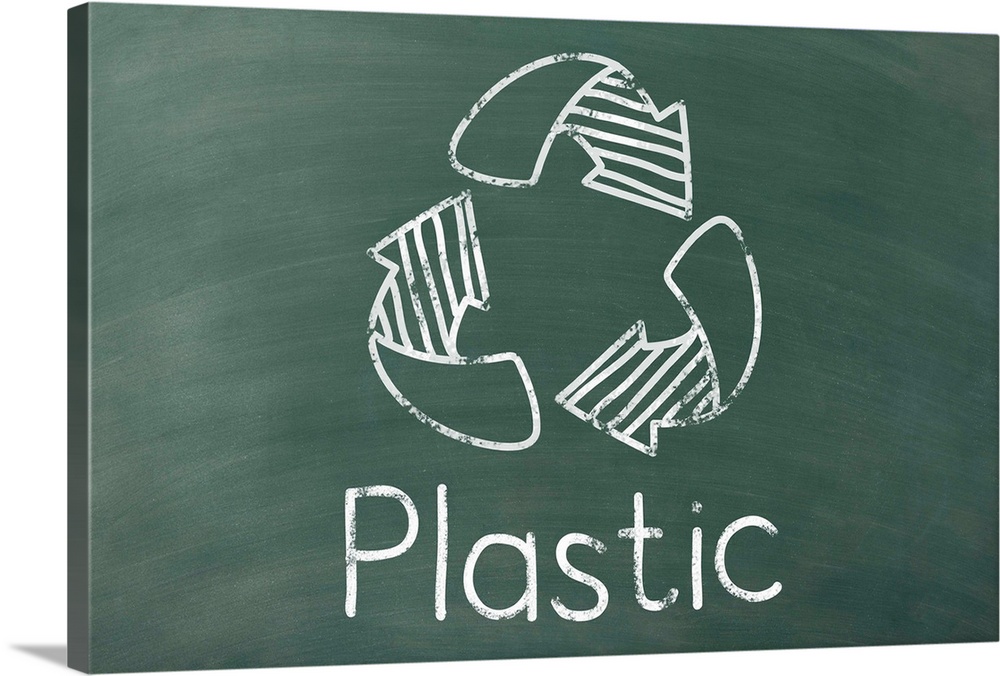Recycling symbol with "Plastic" written underneath in white on a green chalkboard background.