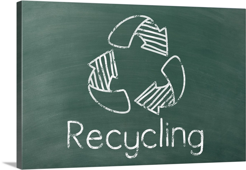 Recycling symbol with "Recycling" written underneath in white on a green chalkboard background.