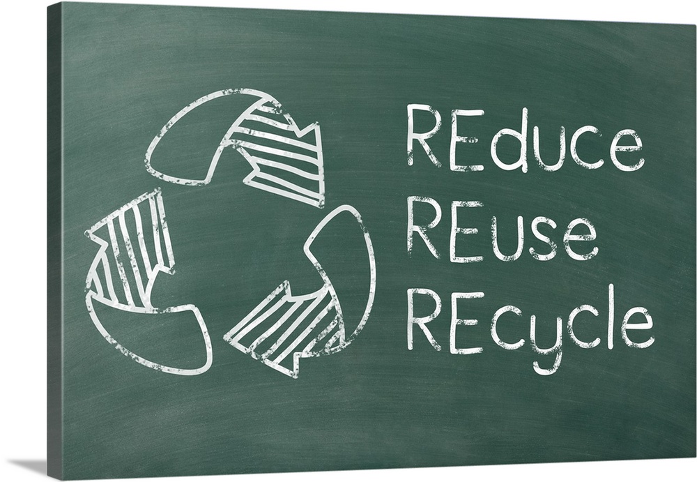 REduce REuse REcycle and the recycling symbol written in white on a green chalkboard background.