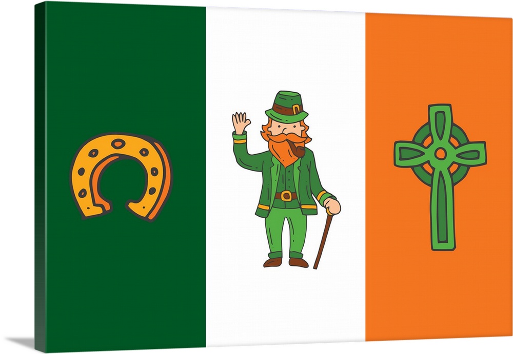 The Irish flag with a horseshoe, leprechaun, and Celtic cross.