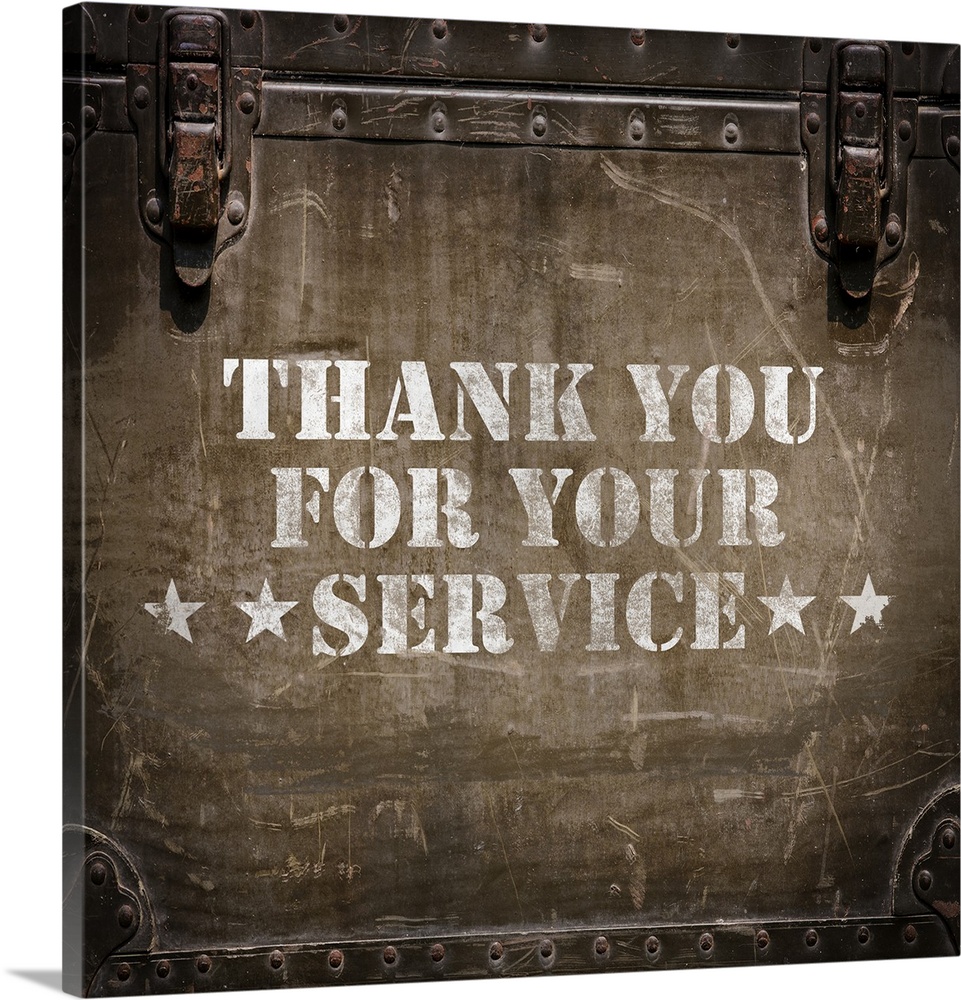 "Thank You For Your Service" stenciled in white on a worn trunk.