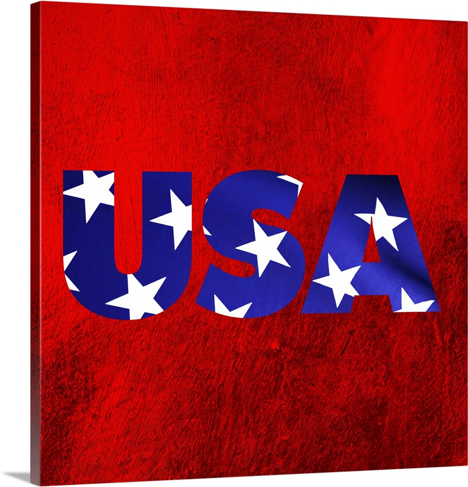 Patriotic art that has USA in blue with white stars on a red background.