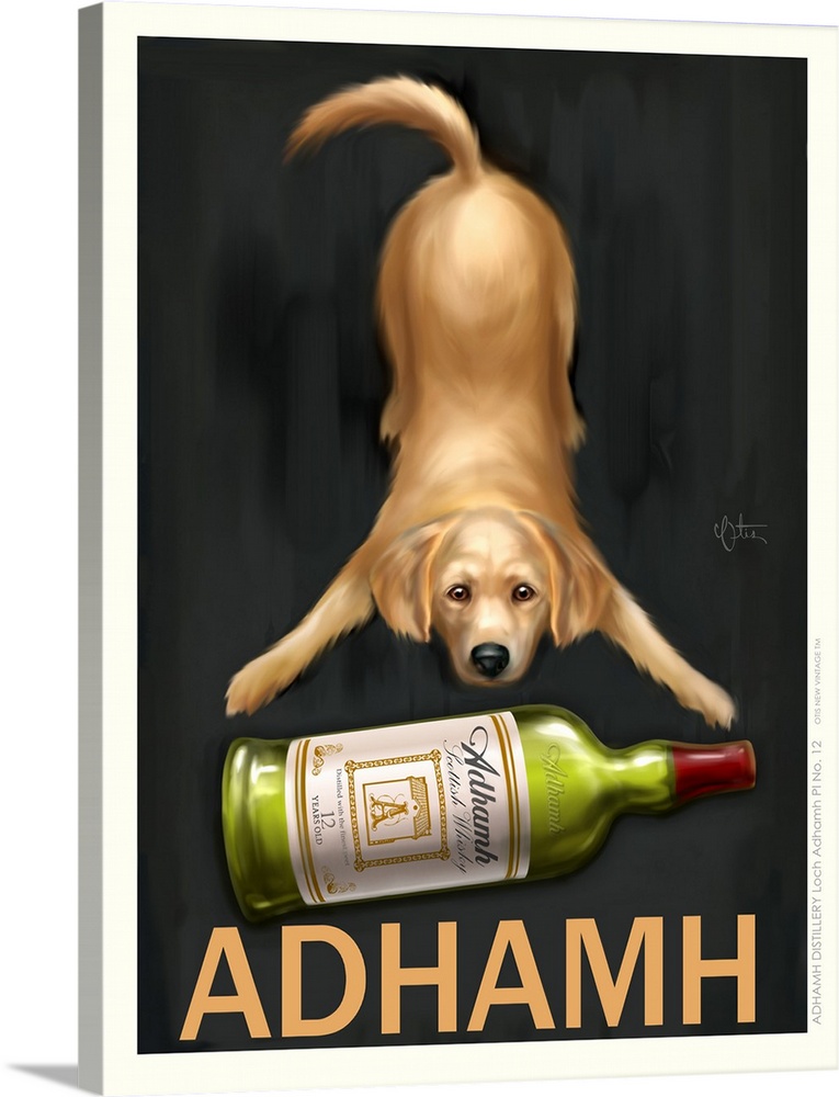 Retro style advertising poster featuring Golden Retriever with Scottish Whisky
