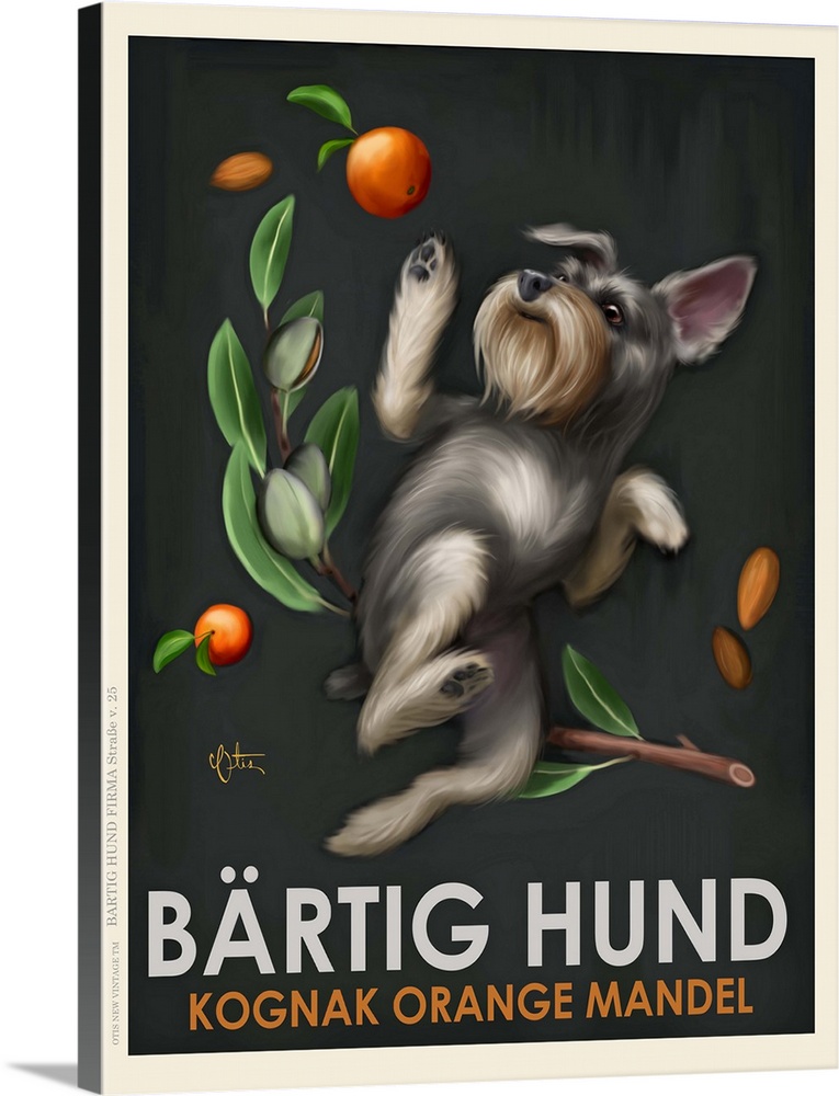 Retro style advertising poster featuring Miniature Schnauzer with German Cognac