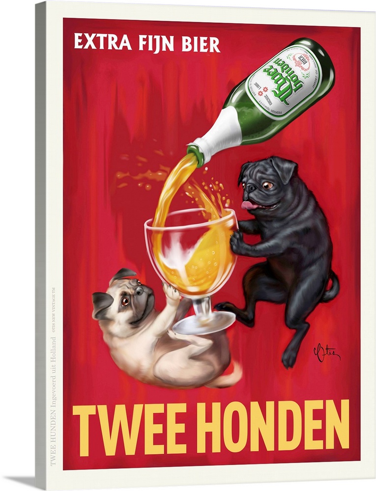 Retro style advertising poster featuring Pugs with Dutch Beer