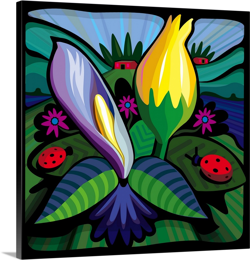 A square digital illustration of a blooming flowers with ladybugs.