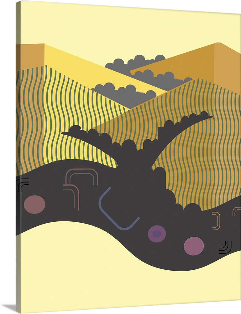 Abstract and geometric illustration of California beach and background hills.