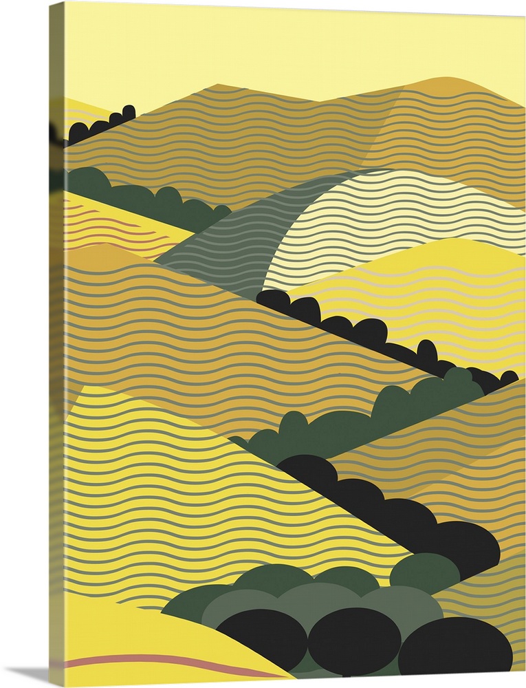 Vertical illustration inspired by coastal California hills in yellow.
