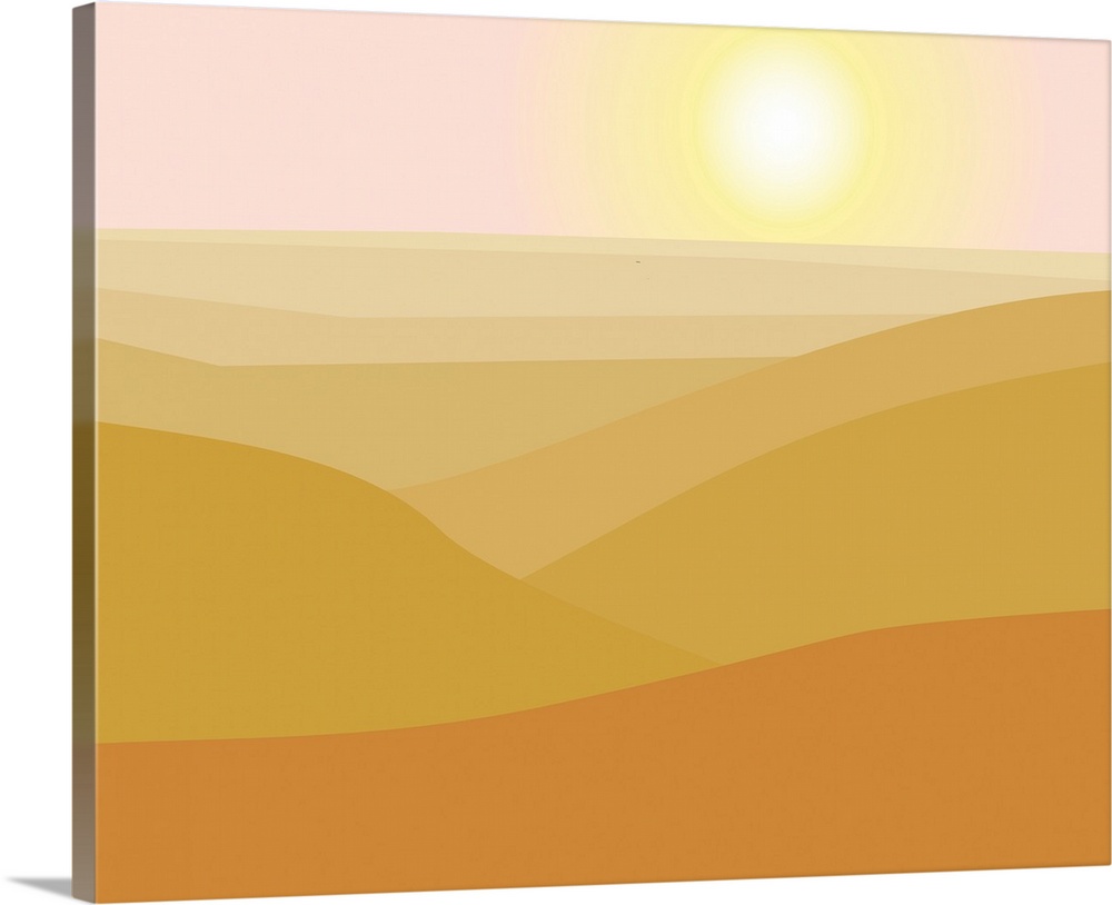 A digital landscape of rolling hills with a sunrise in various shades of yellow.
