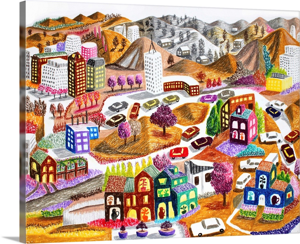 Light hearted childlike view of imaginary garden setting city from bird's eye view made in brightly colored oil pastels. B...