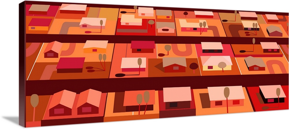 Horizontal illustration of housing in warm orange and reds of housing in southwest. Urban tract housing from the mid-century.