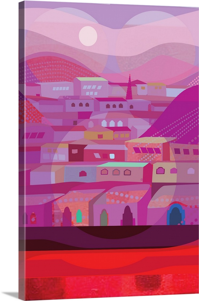 A vertical illustration of houses near mountains, in various shades of pink with light circular areas.