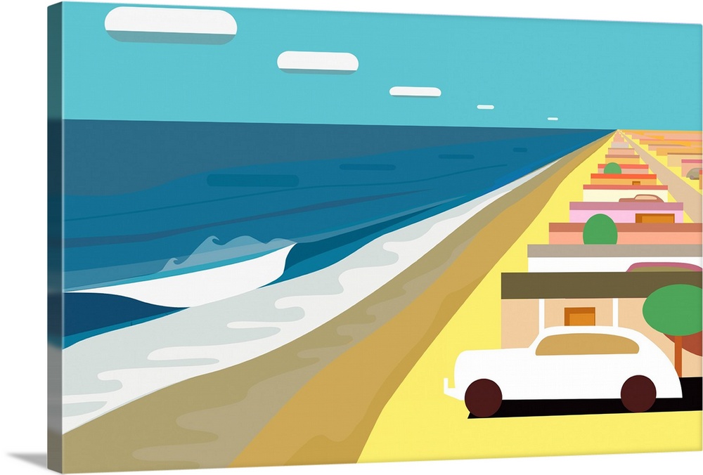 A horizontal digital illustration of a beach with rows of cottages and a parked car.