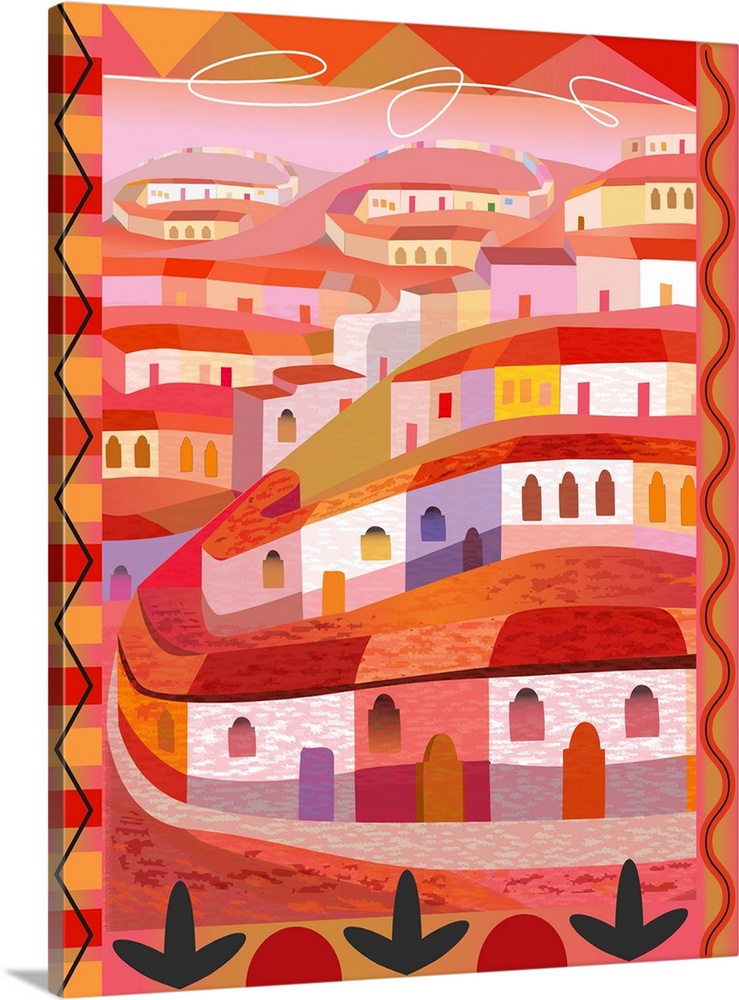 A digital illustration of a village with rows of houses along a hill side in warm shades of red.
