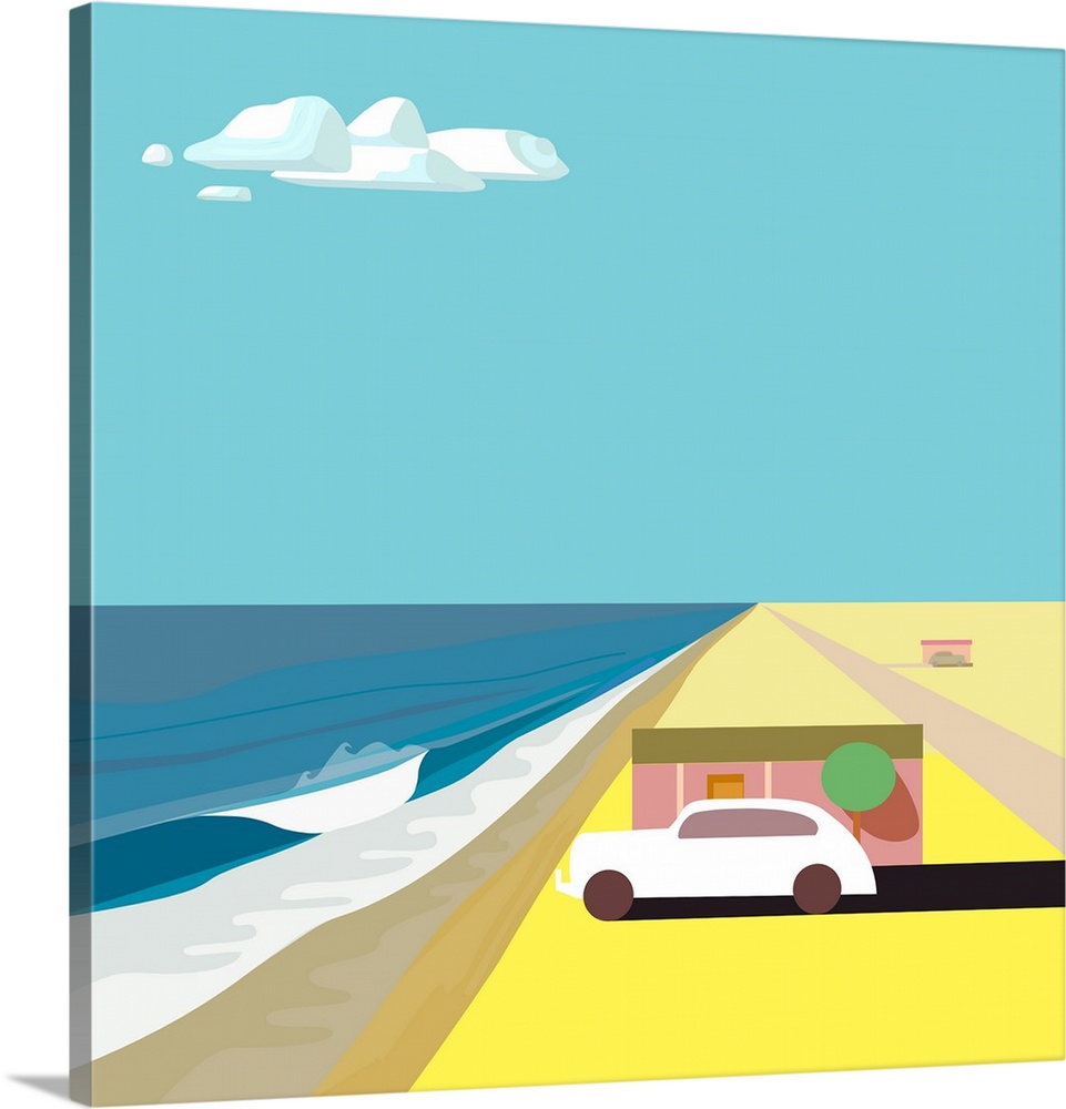 A square digital illustration of a beach with a single house and a parked car.