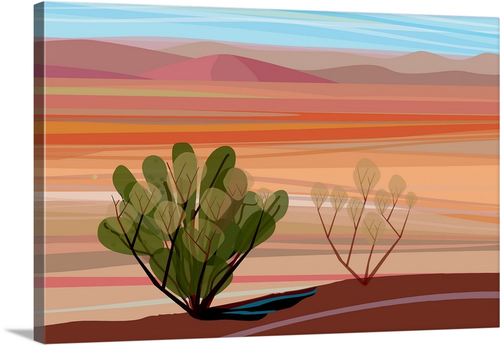 A horizontal digital illustration of cacti in the Mojave Desert with rolling desert hills in the background.