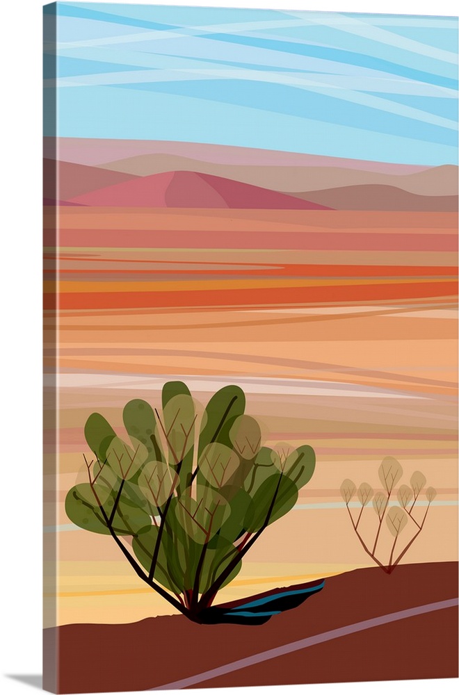 A vertical digital illustration of cacti in the Mojave Desert with rolling desert hills in the background.