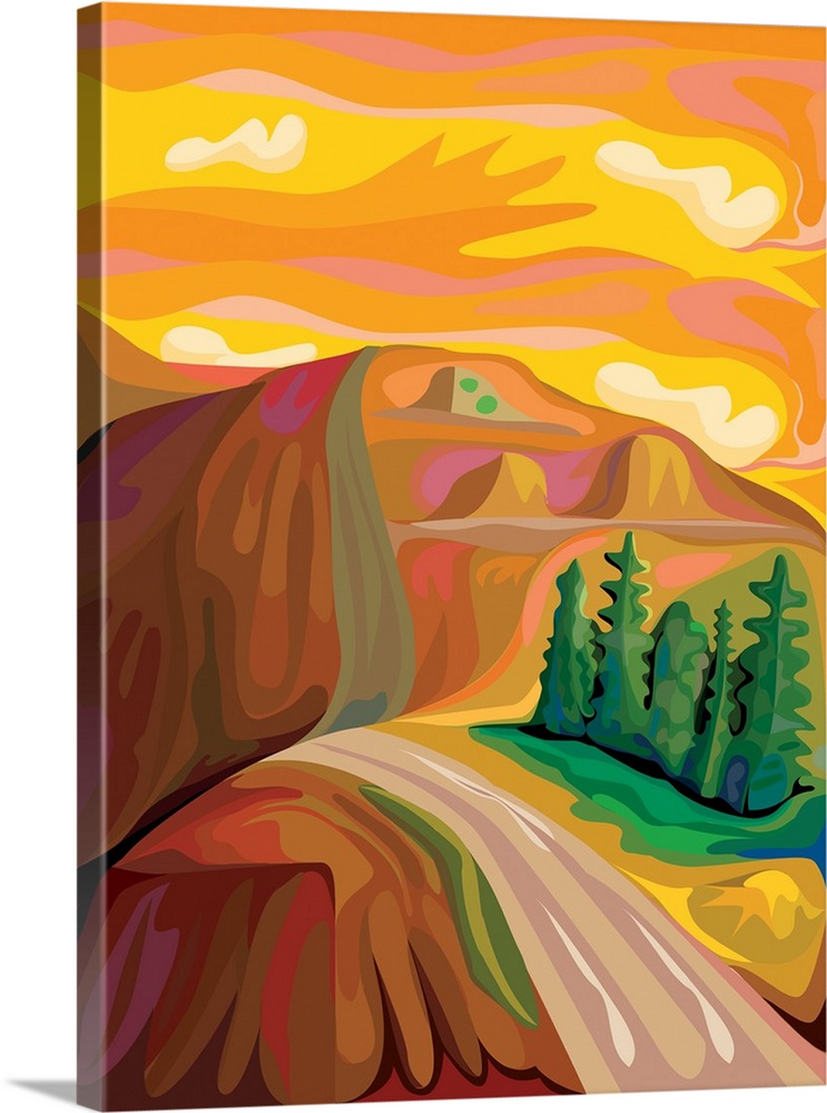 A vertical illustration of a road along a mountain with a vibrant yellow and gold sky.