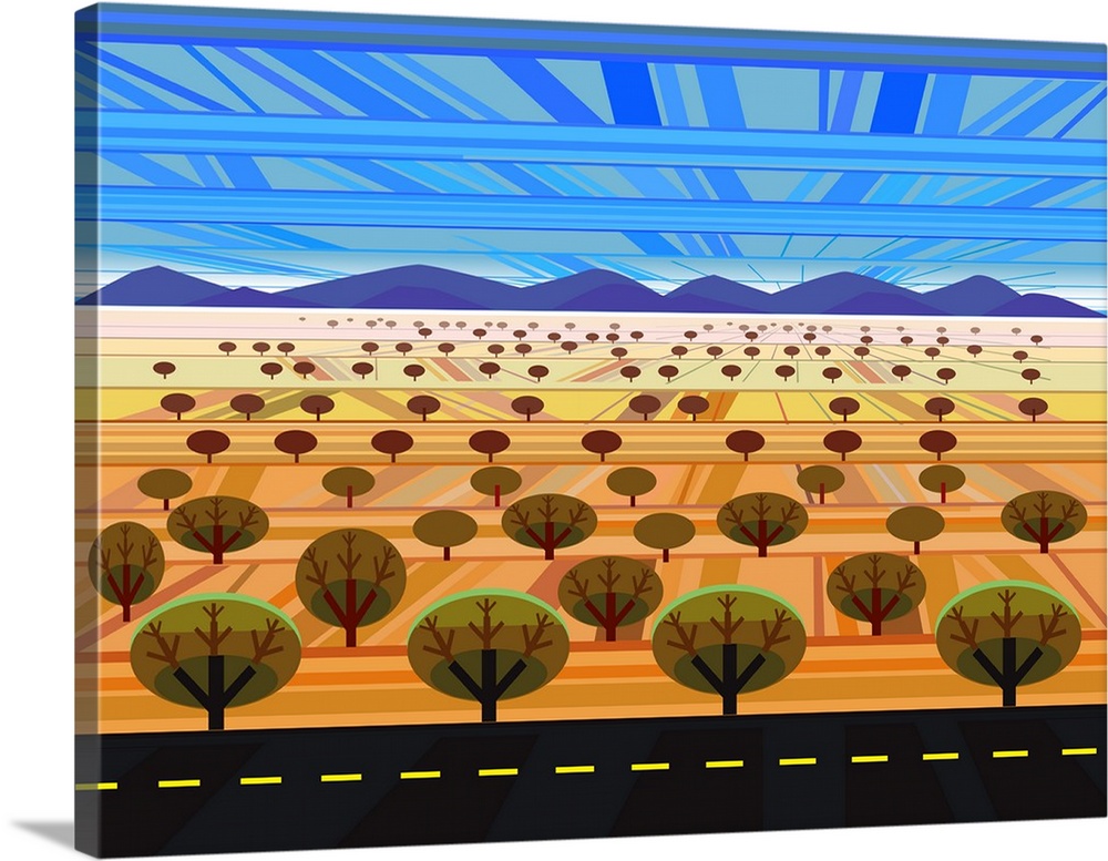 A digital illustration of a field full of trees in the country side.