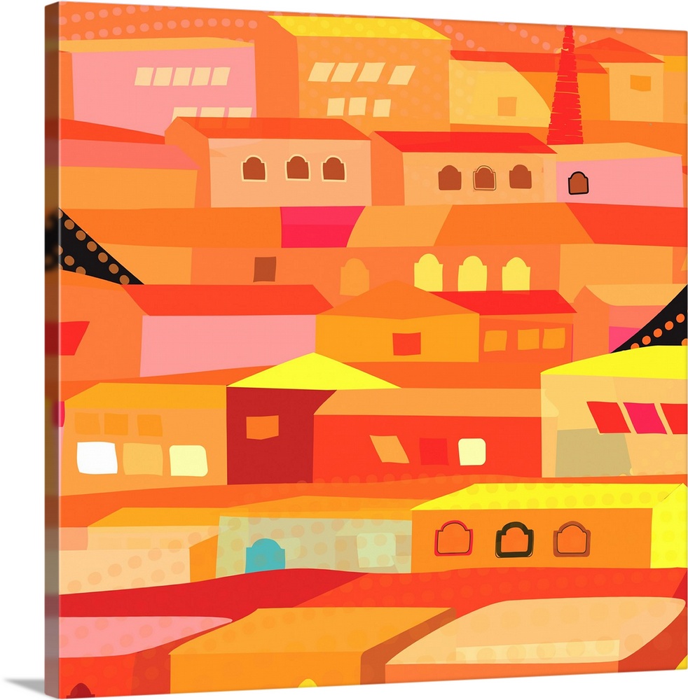 Artistic digital illustration in hues of vibrant orange of a village along a hillside.