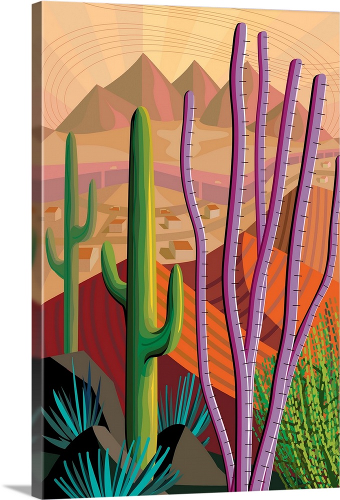 Vertical digital illustration in vibrant colors of Tucson, Arizona.