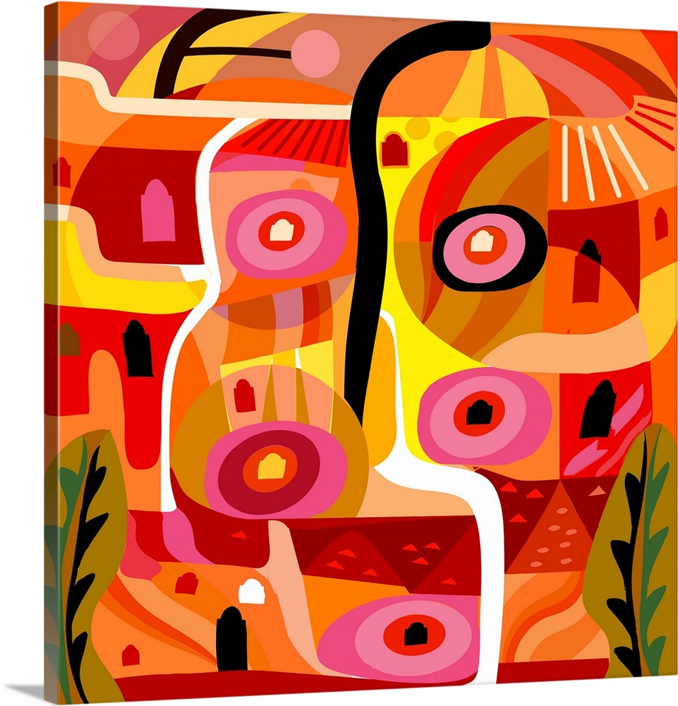 A square digital illustration of various shapes in bright shades of orange and pink.