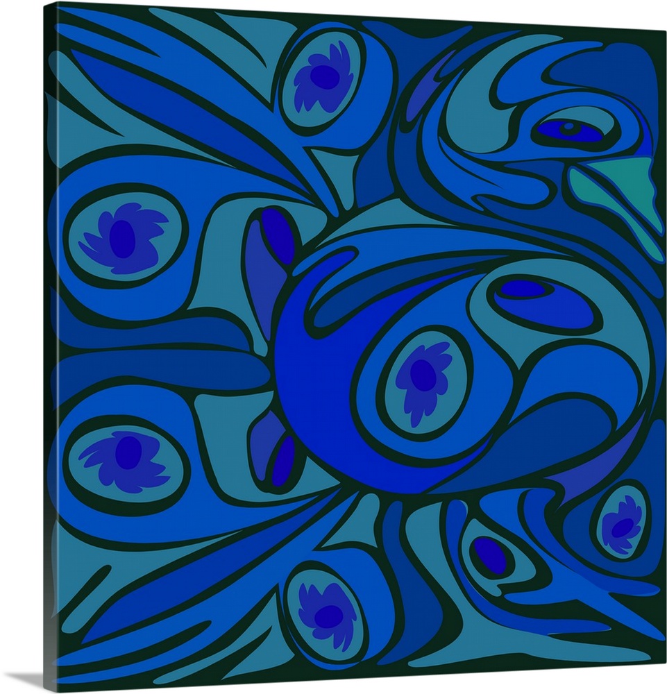 A square design of abstract curved shapes and floral patterns within circles in shades of blue.