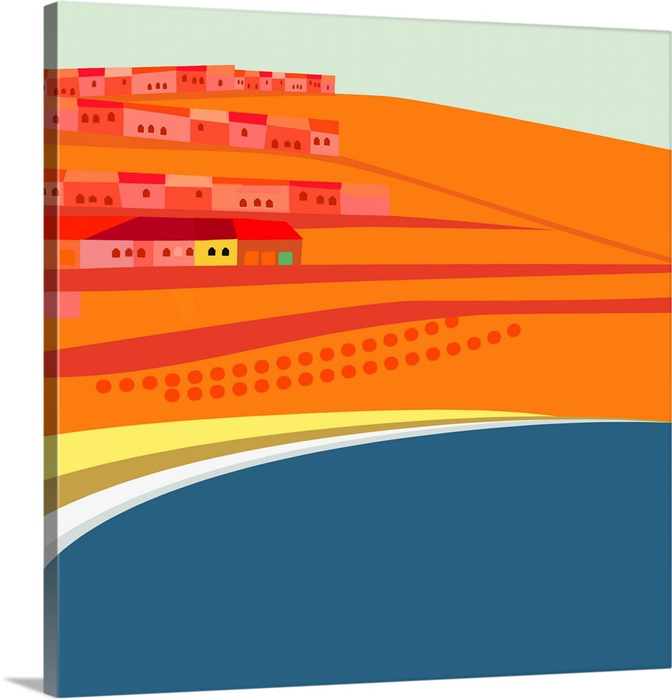 Artistic digital illustration in hues of vibrant orange of Rosarito Beach in Mexico.