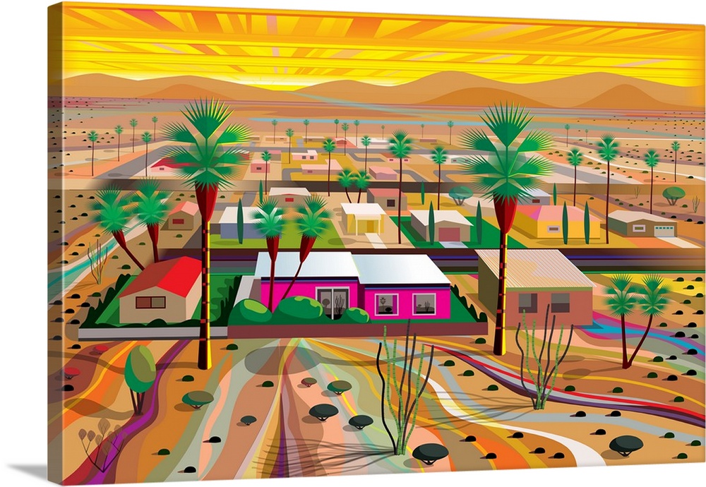Horizontal digital illustration of an Arizona town with homes in the middle of the desert and tall palm trees surrounding.