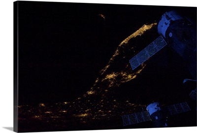 Spaceships glowing blue in the dawn as we leave Florida headed SSE