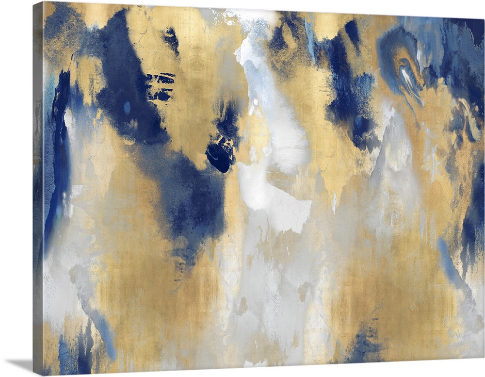 A large, horizontal abstract painting in shades of indigo and gold. This statement piece of art would look outstanding in ...