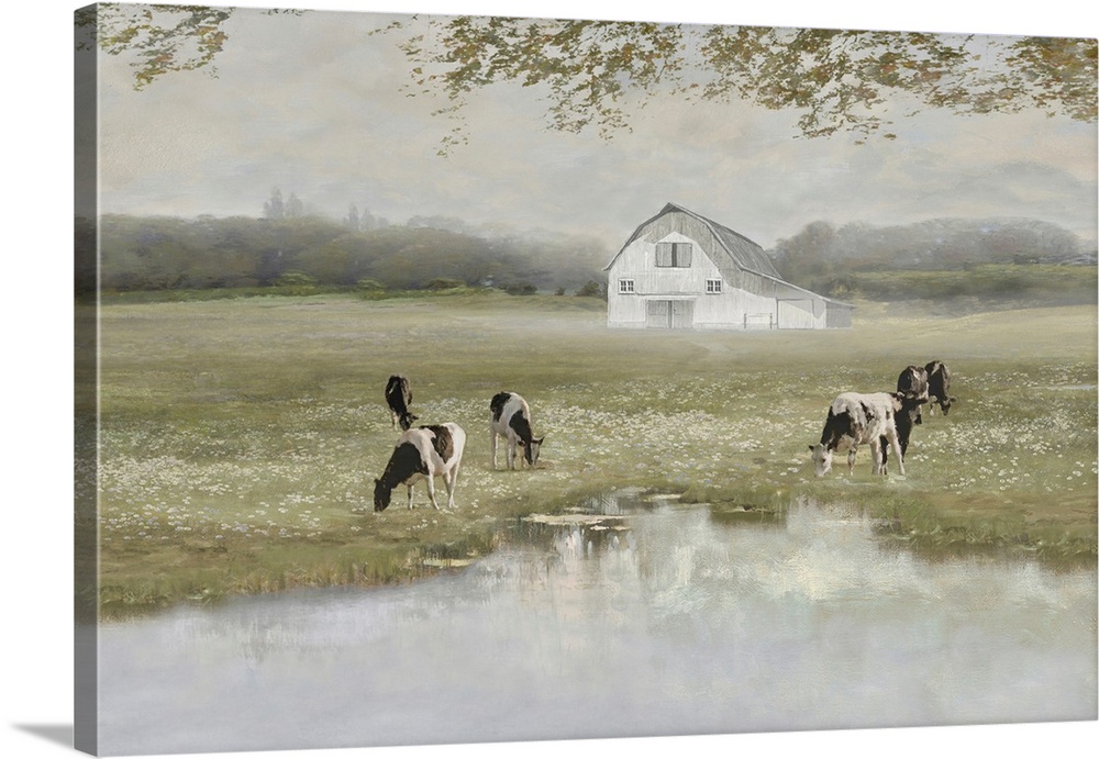 Barn, Pond, And Cows