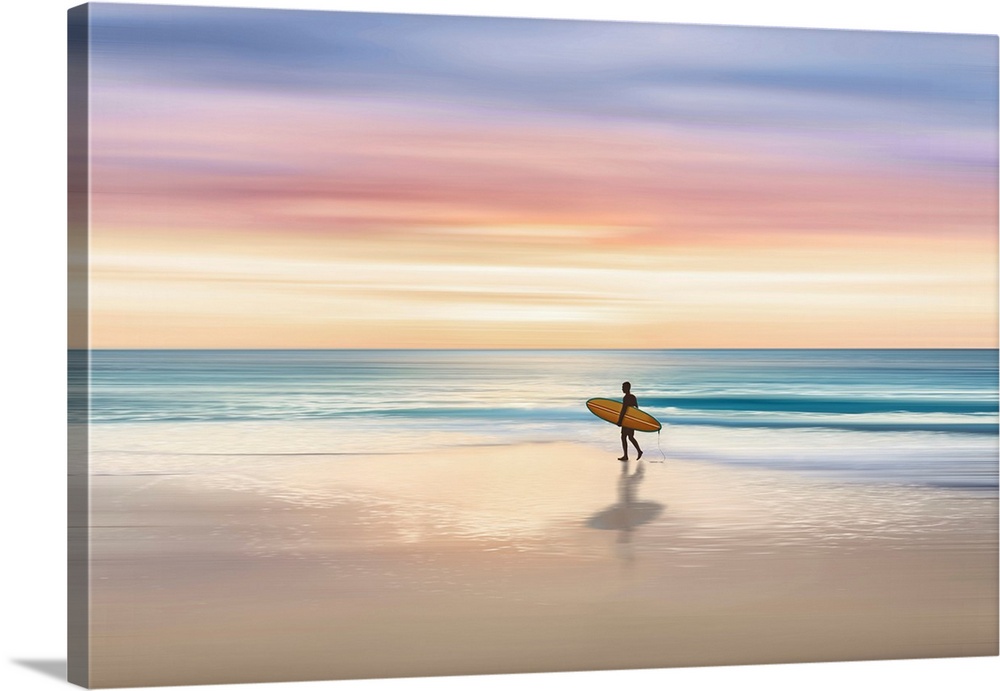 A minimal contemporary painting of a person walking in the waters edge at sunrise, carrying a surfboard